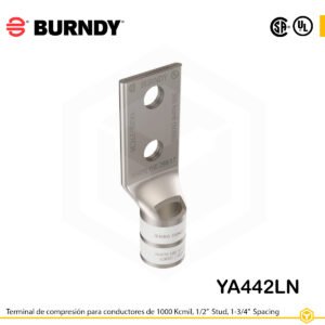 Terminal de compresión Burndy YA442LN de cobre 1000 kcmil, barril estándar, 2 orificios 1/2", separación 1-3/4"