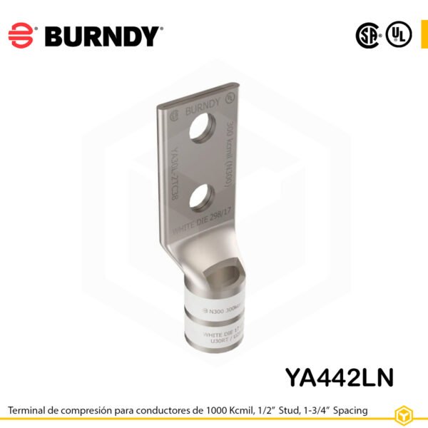 Terminal de compresión Burndy YA442LN de cobre 1000 kcmil, barril estándar, 2 orificios 1/2", separación 1-3/4"