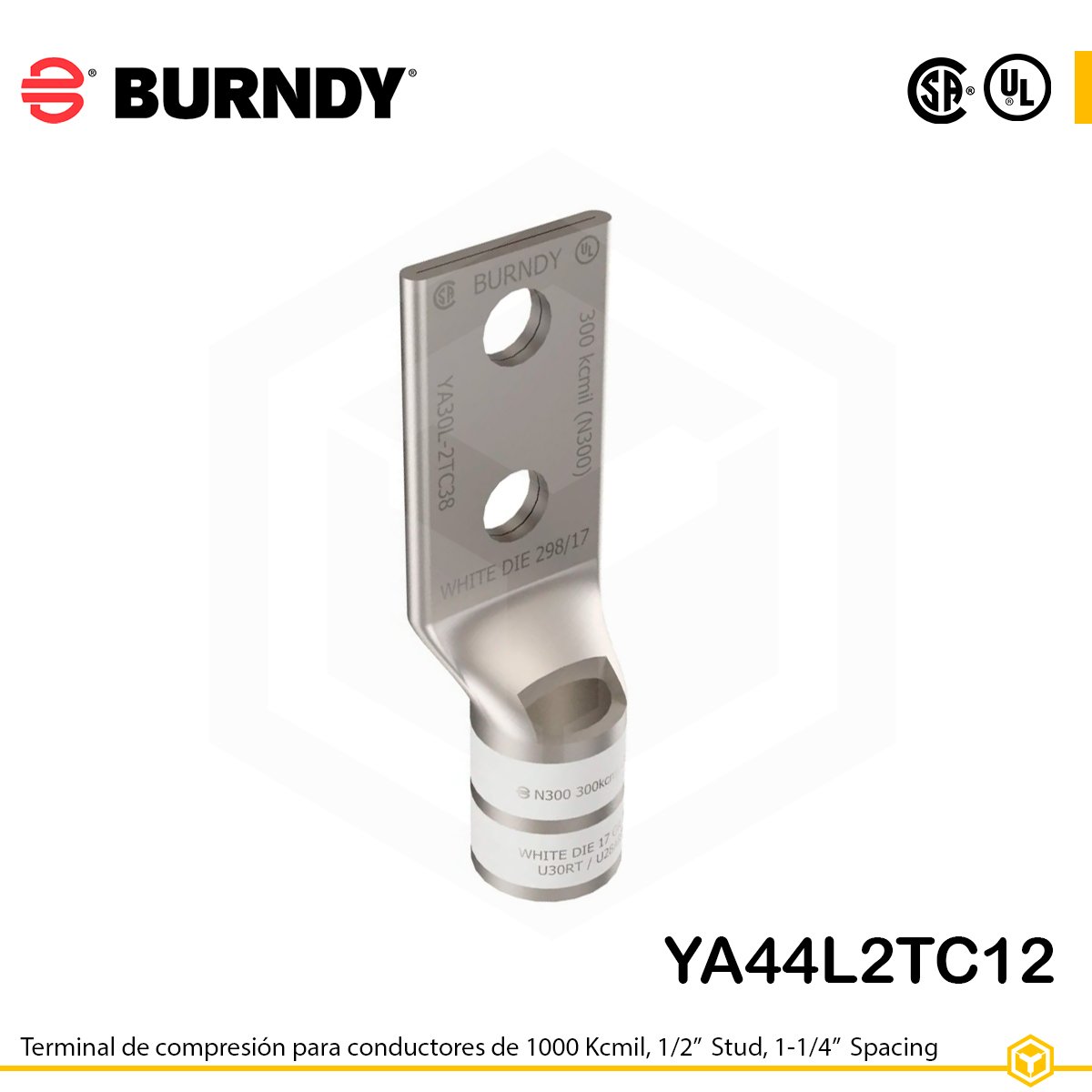 YA44L2TC12-terminal-de-compresión-burndy Terminal de compresión Burndy YA44L2TC12 de cobre estañado 1000 kcmil, barril largo, 2 orificios 1/2", separación 1-1/4"