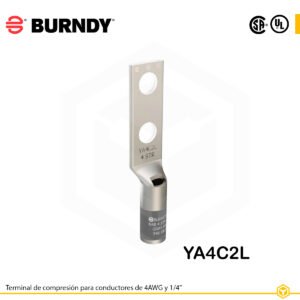 Terminal Burndy YA4C2L de cobre estañado, conductor 4 AWG, dos orificios de perno de ¼″ espaciados 5/8″, barril estándar con ventana de inspección (color gris).