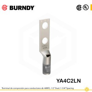 Terminal Burndy YA4C2LN de cobre estañado, conductor 4 AWG tipo code conductor, con dos orificios de perno de ½″ separados 1 ¾″, barril estándar con ventana de inspección (color gris).
