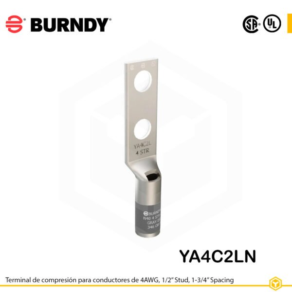 Terminal Burndy YA4C2LN de cobre estañado, conductor 4 AWG tipo code conductor, con dos orificios de perno de ½″ separados 1 ¾″, barril estándar con ventana de inspección (color gris).