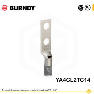 Terminal Burndy YA4CL2TC14 de cobre estañado, conductor 4 AWG tipo code conductor, con dos orificios de perno de ¼″ separados 5/8″, barril estándar con ventana de inspección (color gris).