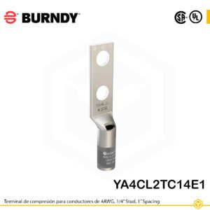 Terminal Burndy YA4CL2TC14E1, cobre estañado, conductor 4 AWG “code conductor”, doble orificio de perno ¼″ con separación de 1″, barril estándar corto con ventana de inspección (color gris).