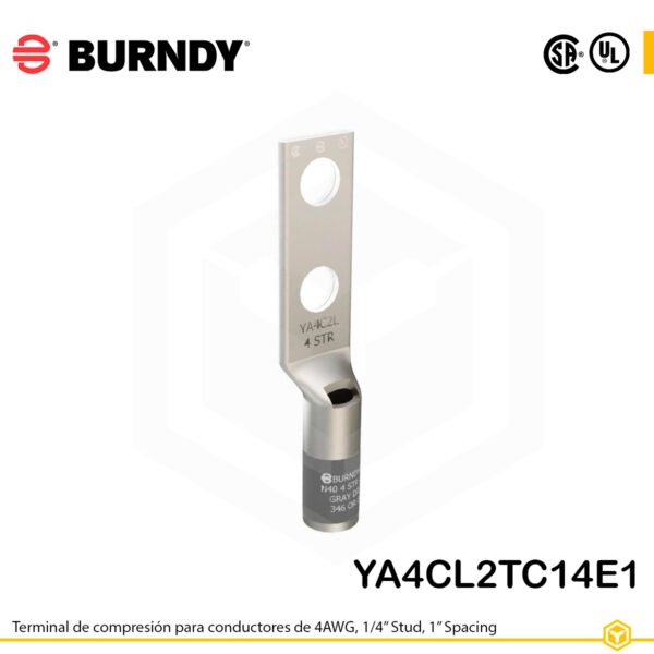 Terminal Burndy YA4CL2TC14E1, cobre estañado, conductor 4 AWG “code conductor”, doble orificio de perno ¼″ con separación de 1″, barril estándar corto con ventana de inspección (color gris).