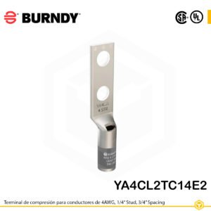 Terminal Burndy YA4CL2TC14E2 de cobre estañado, conductor 4 AWG tipo “code conductor”, con doble orificio para perno de ¼″ separados por ¾″, barril estándar con ventana de inspección (color gris).