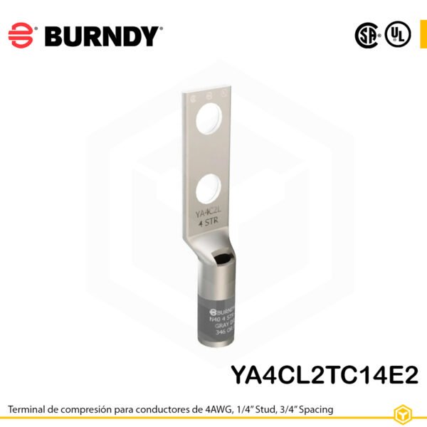 Terminal Burndy YA4CL2TC14E2 de cobre estañado, conductor 4 AWG tipo “code conductor”, con doble orificio para perno de ¼″ separados por ¾″, barril estándar con ventana de inspección (color gris).