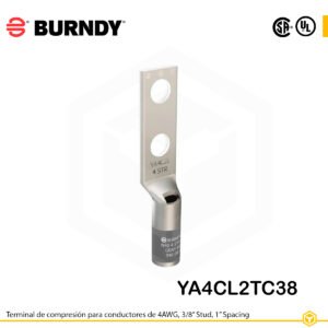 Terminal Burndy YA4CL2TC38 de cobre estañado, conductor 4 AWG tipo “code conductor”, con dos orificios de perno de 3/8″ separados por 1″, barril estándar corto con ventana de inspección (color gris).