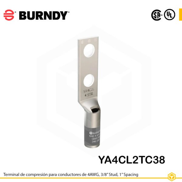 Terminal Burndy YA4CL2TC38 de cobre estañado, conductor 4 AWG tipo “code conductor”, con dos orificios de perno de 3/8″ separados por 1″, barril estándar corto con ventana de inspección (color gris).