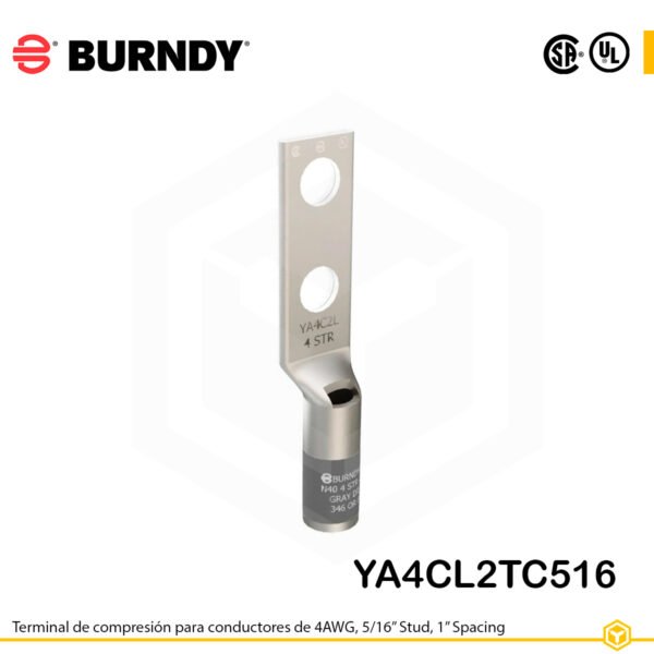 Terminal Burndy YA4CL2TC516, cobre estañado, conductor 4 AWG tipo "code conductor", doble orificio de 5/16″ separados por 1″, barril estándar con ventana de inspección (color gris).
