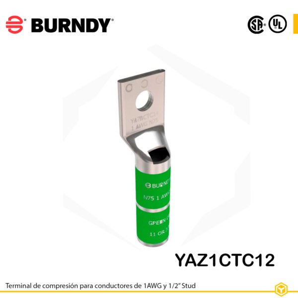 Terminal de compresión Burndy YAZ1CTC12 de cobre estañado, 1 AWG, barril largo con ventana de inspección y orificio de 1/2″