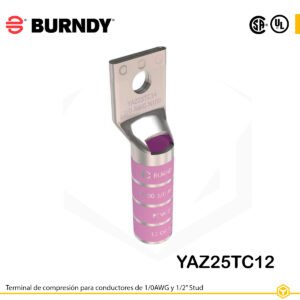 Terminal de compresión Burndy YAZ25TC12 de cobre estañado, 1/0 AWG, barril largo con ventana de inspección y orificio de 1/2″