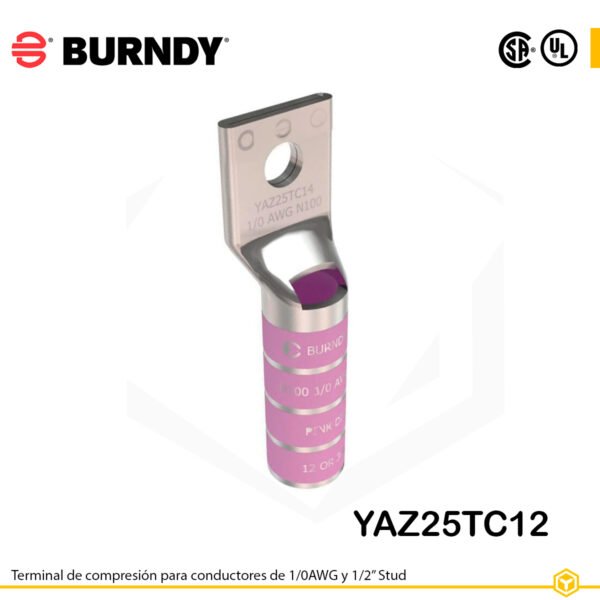 Terminal de compresión Burndy YAZ25TC12 de cobre estañado, 1/0 AWG, barril largo con ventana de inspección y orificio de 1/2″
