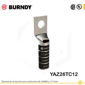 Terminal de compresión Burndy YAZ26TC12 de cobre estañado, 2/0 AWG, barril largo con ventana de inspección y orificio de 1/2″
