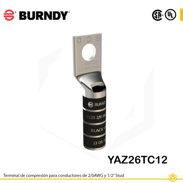 Terminal de compresión Burndy YAZ26TC12 de cobre estañado, 2/0 AWG, barril largo con ventana de inspección y orificio de 1/2″