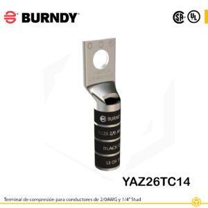 Terminal de compresión Burndy YAZ26TC14 de cobre estañado, para cable 2/0 AWG, barril largo con ventana de inspección y orificio de 1/4″