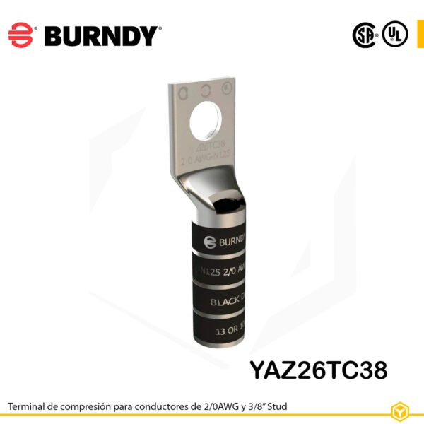 Terminal de compresión Burndy YAZ26TC38 de cobre estañado, para cable 2/0 AWG, barril largo con ventana de inspección y orificio de 3/8″