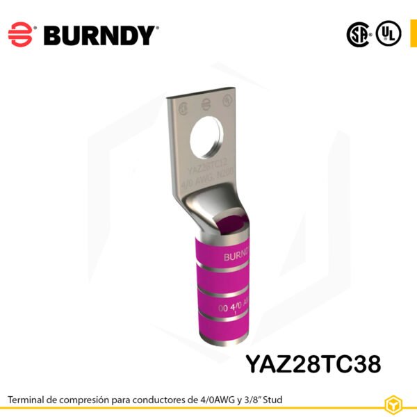 Terminal de compresión Burndy YAZ28TC38 de cobre estañado, 4/0 AWG, barril largo con ventana de inspección y orificio de 3/8″