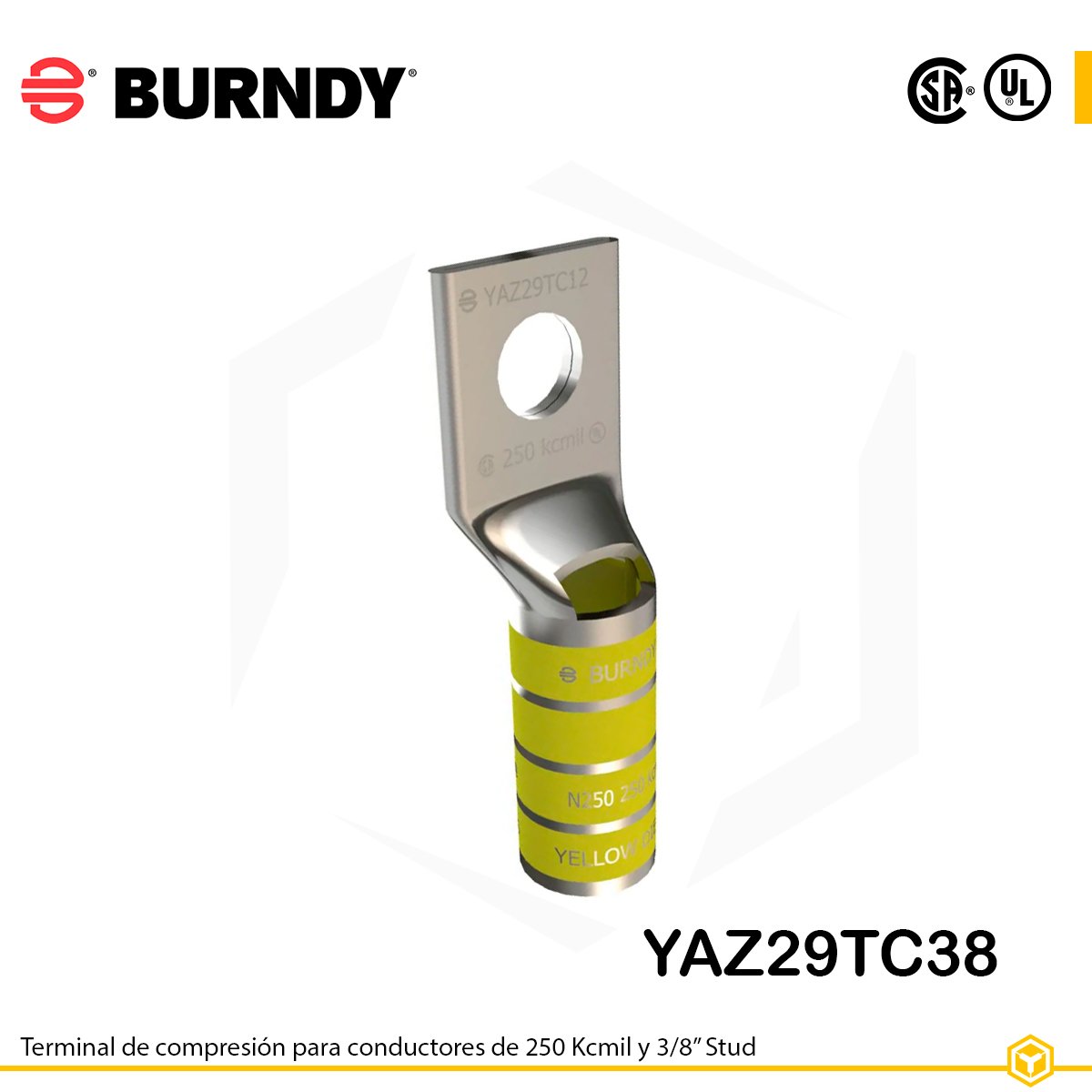YAZ29TC38-terminal-de-compresión-burndy Terminal de compresión Burndy YAZ29TC38 de cobre estañado, 250 kcmil, barril largo con ventana de inspección y orificio de 3/8″