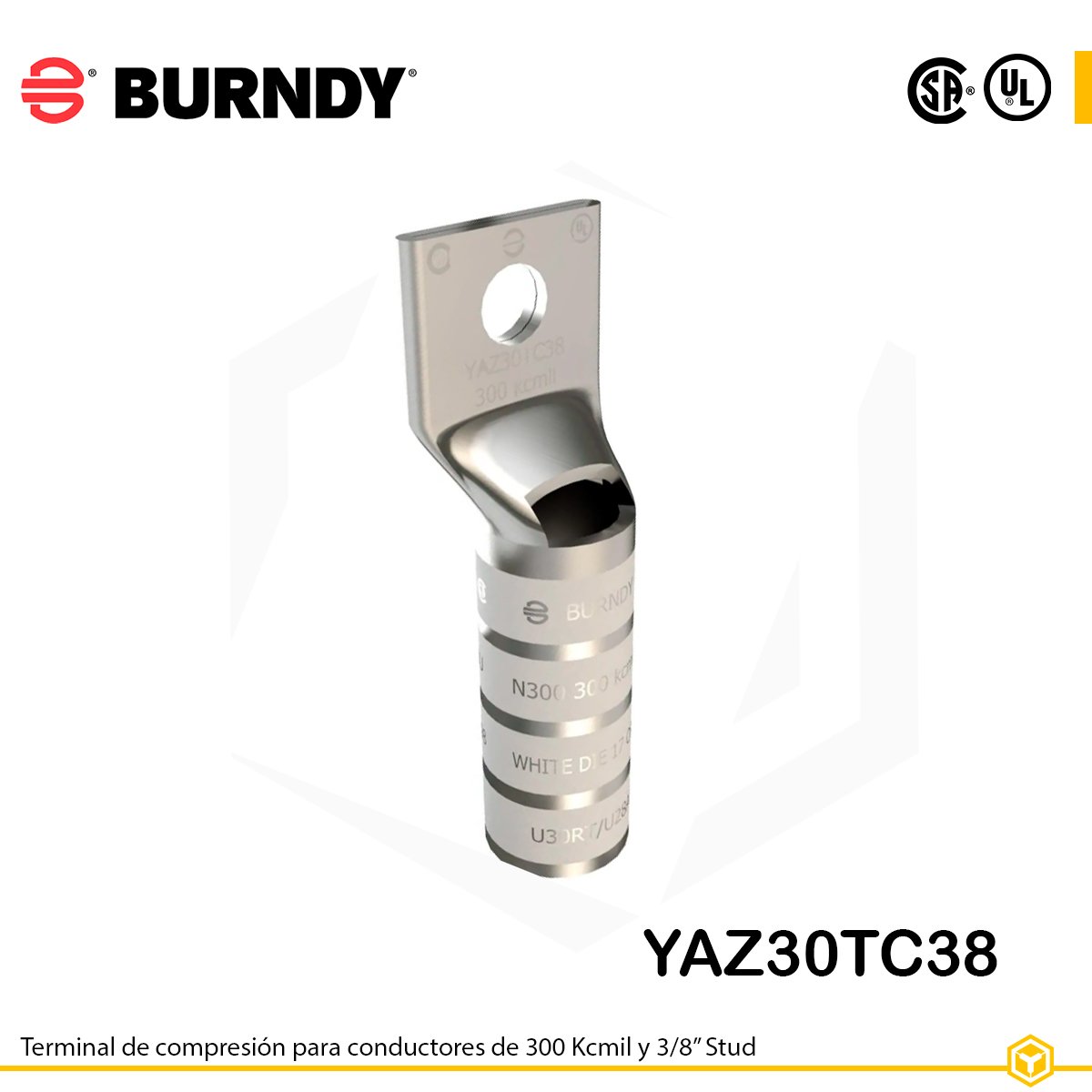 YAZ30TC38-terminal-de-compresión-burndy Terminal Burndy YAZ30TC12, cobre estañado 300 kcmil, barril largo con ventana de inspección y orificio de 1/2″