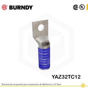 Terminal de compresión Burndy YAZ32TC12 de cobre estañado, 400 kcmil, barril largo con ventana de inspección y orificio de 1/2″