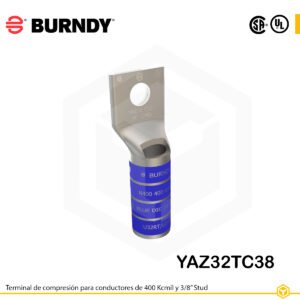 Terminal de compresión Burndy YAZ32TC38 de cobre estañado, 400 kcmil, barril largo con ventana de inspección y orificio de 3/8″