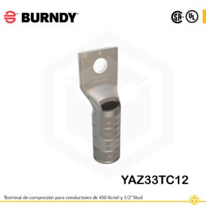 Terminal de compresión Burndy YAZ33TC12 de cobre estañado, 450 kcmil, barril largo con ventana de inspección y orificio de 1/2″