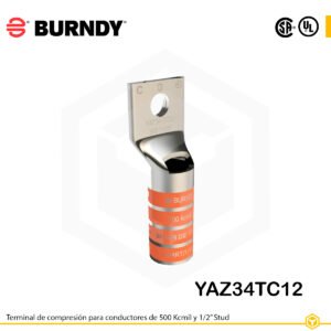 Terminal de compresión Burndy YAZ34TC12 de cobre estañado, 500 kcmil, barril largo con ventana de inspección y orificio de 1/2″