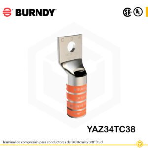 Terminal de compresión Burndy YAZ34TC38 de cobre estañado, 500 kcmil, barril largo con ventana de inspección y orificio de 3/8″