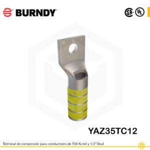 Terminal de compresión Burndy YAZ35TC12 de cobre estañado, 550 kcmil, barril largo con ventana de inspección y orificio de 1/2″