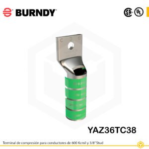 Terminal de compresión Burndy YAZ36TC38 de cobre estañado, 600 kcmil, barril largo con ventana de inspección y orificio de 3/8″