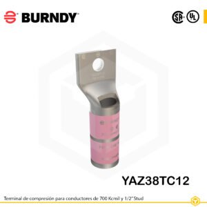 Terminal de compresión Burndy YAZ38TC12 de cobre estañado, 650 kcmil, barril largo con ventana de inspección y orificio de 1/2″