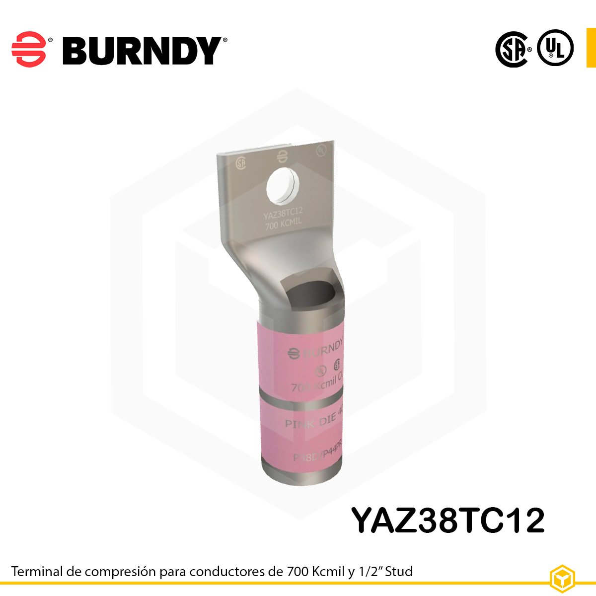 YAZ38TC12-terminal-de-compresión-burndy Terminal de compresión Burndy YAZ38TC12 de cobre estañado, 650 kcmil, barril largo con ventana de inspección y orificio de 1/2″