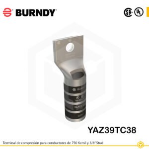 Terminal de compresión Burndy YAZ39TC38 de cobre estañado, 750 kcmil, barril largo con ventana de inspección y orificio de 3/8″