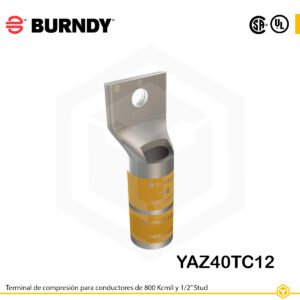 Terminal de compresión Burndy YAZ40TC12 de cobre estañado, 800 kcmil, barril largo con ventana de inspección y orificio de 1/2″