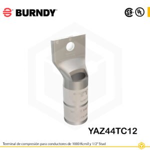Alt text: Terminal de compresión Burndy YAZ44TC12 de cobre estañado, 1000 kcmil, barril largo con ventana de inspección y orificio de 1/2″ Alt text: Terminal de compresión Burndy YAZ44TC12 de cobre estañado, 1000 kcmil, barril largo con ventana de inspección y orificio de 1/2″
