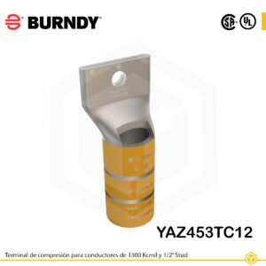 Alt text: Terminal de compresión Burndy YAZ453TC12 de cobre estañado, 1300 kcmil, barril largo con ventana de inspección y orificio de 1/2″