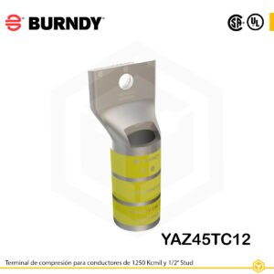 Alt text: Terminal de compresión Burndy YAZ45TC12 de cobre estañado, 1250 kcmil, barril largo con ventana de inspección y orificio de 1/2″