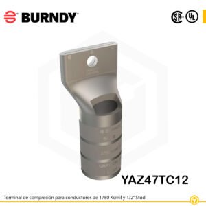 Alt text: Terminal de compresión Burndy YAZ47TC12 de cobre estañado, 1750 kcmil, barril largo con ventana de inspección y orificio de 1/2″