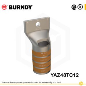 Alt text: Terminal de compresión Burndy YAZ48TC12 de cobre estañado, 2000 kcmil, barril largo con ventana de inspección y orificio de 1/2″