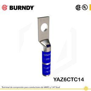 Terminal de compresión Burndy YAZ6CTC14 de cobre estañado, para cable 6 AWG, barril largo con ventana de inspección y orificio de 1/4″