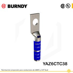 Terminal de compresión Burndy YAZ6CTC38 de cobre estañado, para cable 6 AWG, barril largo con ventana de inspección y orificio de 3/8″