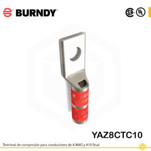 Terminal de compresión Burndy YAZ8CTC10 de cobre estañado, para cable 8 AWG, barril largo, orificio #10