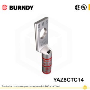 Terminal de compresión Burndy YAZ8CTC14 de cobre estañado, para cable 8 AWG, barril largo con ventana de inspección y orificio de 1/4″