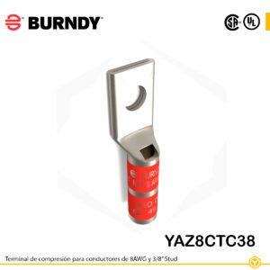 Terminal de compresión Burndy YAZ8CTC38 de cobre estañado, para cable 8 AWG, barril largo con ventana de inspección y orificio de 3/8″