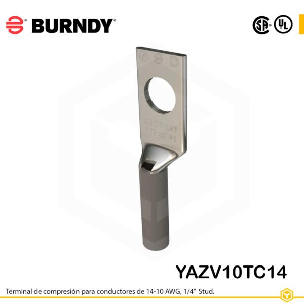 Terminal de compresión Burndy YAZV10TC14 de cobre estañado, 14–10 AWG, aislamiento vinílico, orificio de 1/4"