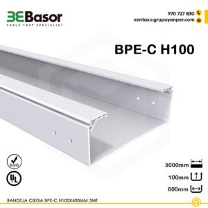 Alt text: Bandeja lisa BPE-C H100 600 mm Ref. 210069, charola aislante en PVC M1 UV de 3 m para exteriores.