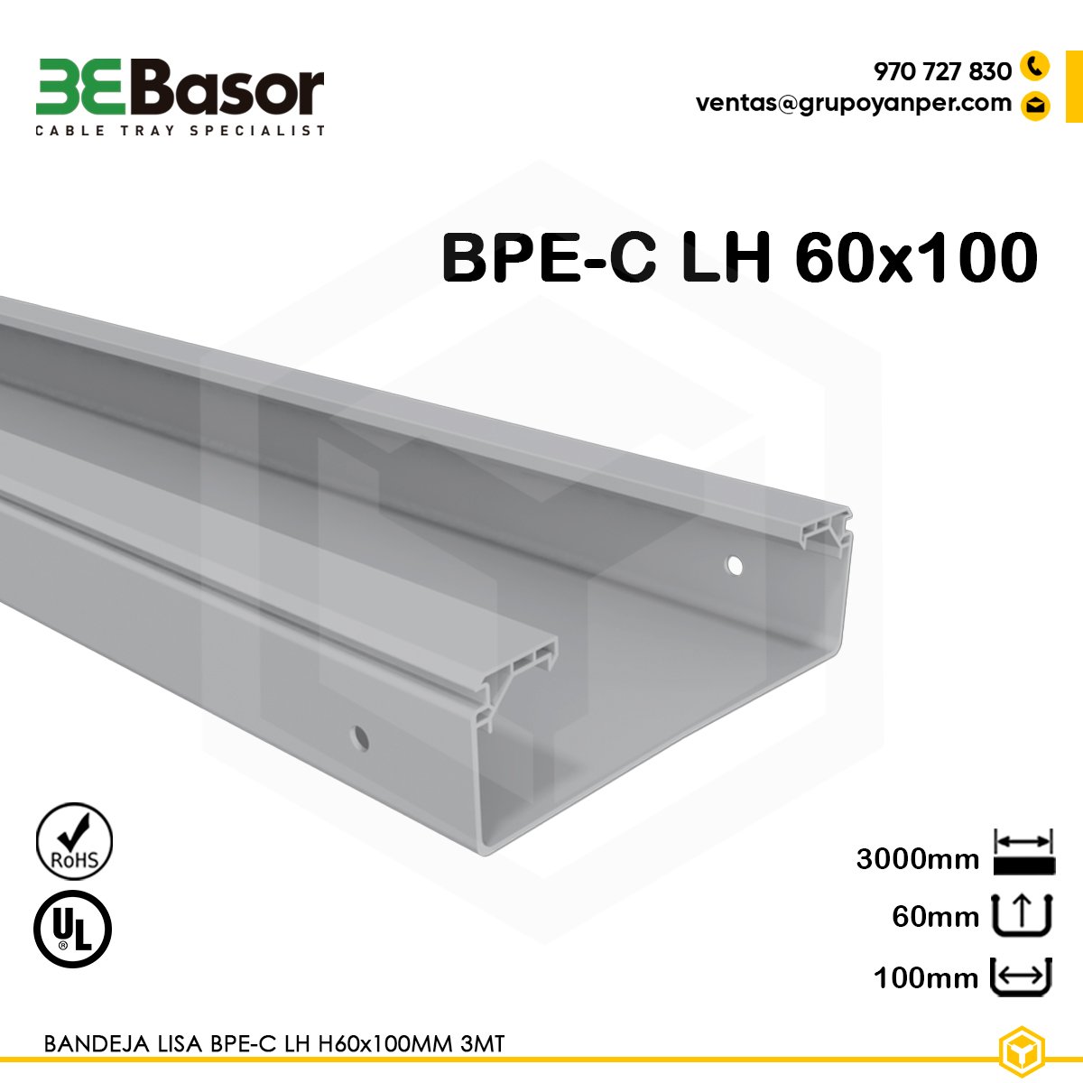BPE-C-LH-H60X100-BASOR Bandeja lisa BPE-C LH H60 100 mm Ref. 225608, bandeja ciega en PVC M1 UV para exteriores, longitud de 3 m.