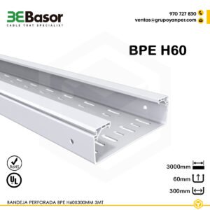 Alt text: Bandeja perforada BPE H60 300 mm Ref. 210073, bandeja aislante de PVC M1 UV de 3 m para exteriores.