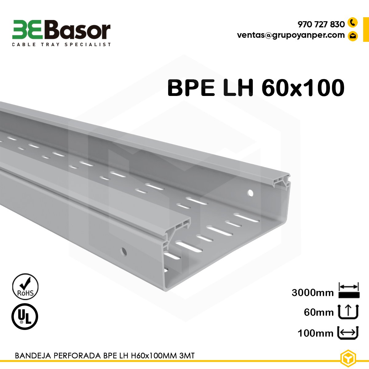 BPE-LH-H60X100-BASOR Bandeja perforada BPE LH H60 100 mm Ref. 225600, bandeja aislante de PVC M1 UV para exteriores, longitud 3 m, con perforaciones para ventilación y drenaje.